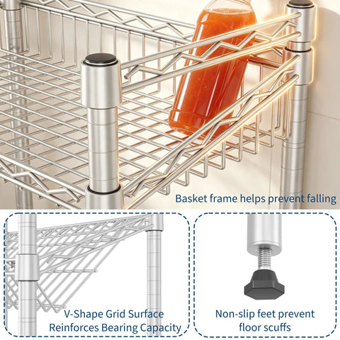 Detail of 4 Tier Adjustable Wire Shelving Rack Built Tough As Nails showing sturdy basket frame and non-slip feet.