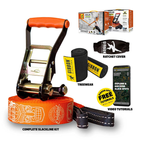 On-The-Go Slackline Kit With TreeWear Included, 41-foot line, orange ratchet, black TreeWear, mobile app tutorials, Gibbon gear.