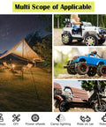 Collage showing camping tent at night, child in toy car, RC toy truck, and electric ride on vehicle with 'Multi Scope of Applicable' text.