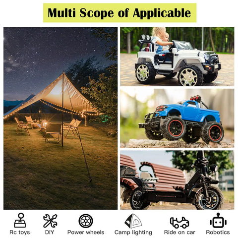 Collage showing camping tent at night, child in toy car, RC toy truck, and electric ride on vehicle with 'Multi Scope of Applicable' text.