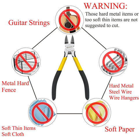 Five Inch Wire Cutters Set Five Pack Pro Grade Diagonal Cutting Pliers with warnings for improper use on guitar strings and metal wire.