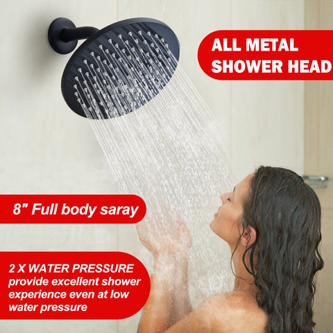 All-In-One Matte Black Tub And Shower Kit With 8-Inch Rain Shower Head Single-Handle Trim Tub Spout With Diverter Pressure-Balance Valve No-Brainer DIY Install For A Modern Everyday Shower Upgrade.
