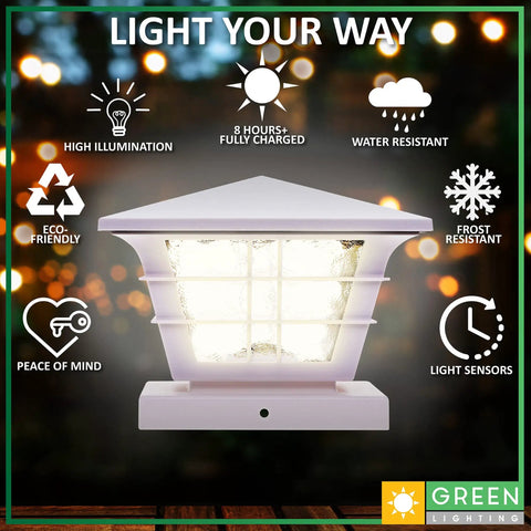 Cape Cod Solar Post Cap Lights for 4x4 Wood and 5x5 PVC Posts displayed with icons showing features like high illumination and eco-friendly.