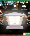 Cape Cod Solar Post Cap Lights For 4x4 Wood Posts And 4x4 Or 5x5 PVC Vinyl Posts showing features like water resistance, eco-friendly, and light sensors.