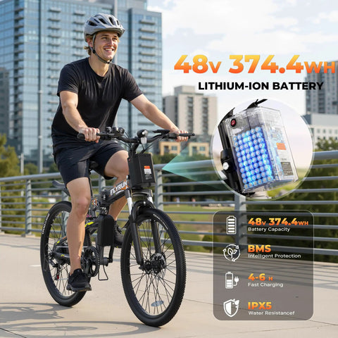 Folding Electric Bike With Peak 750W Power, All Terrain E Bike With 48V Removable Battery, Speeds Up To 25 MPH And Range Of 50 Plus Miles, Dual Disc Brakes And Full Suspension For City Streets And Trails, rider on city path