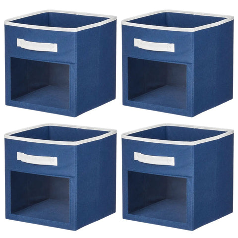 Fabric Nursery Closet Storage Bin Set With Front Handle And Window 6 Pack For Cube Shelving Units Organizes Toys Clothes Diapers Bibs In Gray And White, blue variation shows 4 bins