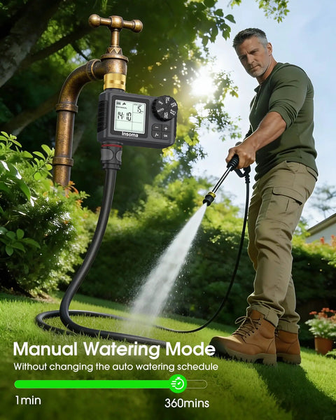Man using Water Timer For Garden Hose With Brass Inlet And One Outlet Sprinkler Timer Auto Manual Rain Delay Mode Large LCD Display