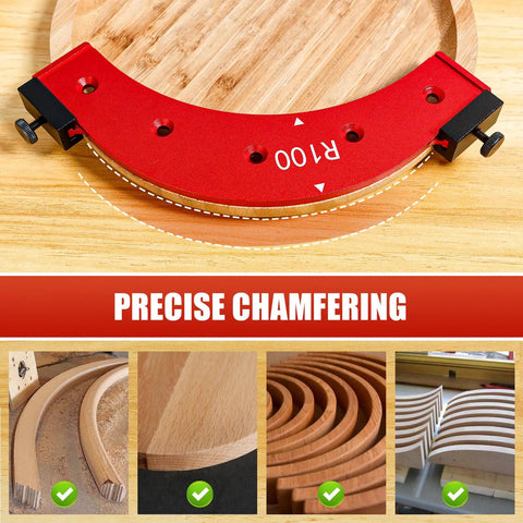 No Sweat Five Piece Round Corner Radius Template Set Tough Aluminum Alloy Router Jig For Quick Woodworking Arc Angle Positioning And Snappy Edge Layout on a wooden surface.