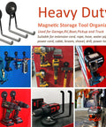 Magnetic Garage Hooks Set, Heavy Duty Tool Organizer For Drills And Garden Tools, Rubber Coated Magnetic Hangers on red wall.