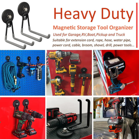 Magnetic Garage Hooks Set, Heavy Duty Tool Organizer For Drills And Garden Tools, Rubber Coated Magnetic Hangers on red wall.