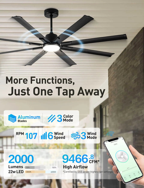 72 Inch Ceiling Fan With Light And DC Motor, Industrial Style Ceiling Fan With 8 Black Aluminum Blades, shown installed on patio ceiling