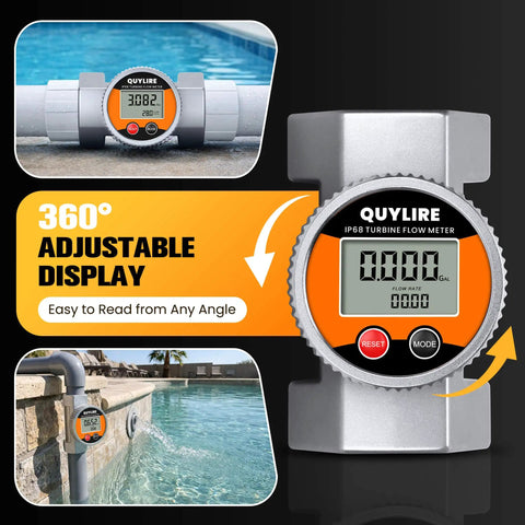 Waterproof 2 Inch Inline Flow Meter With NPT Thread 16-160 GPM Digital Liquid Flowmeter, IP68, adjustable display for outdoor use