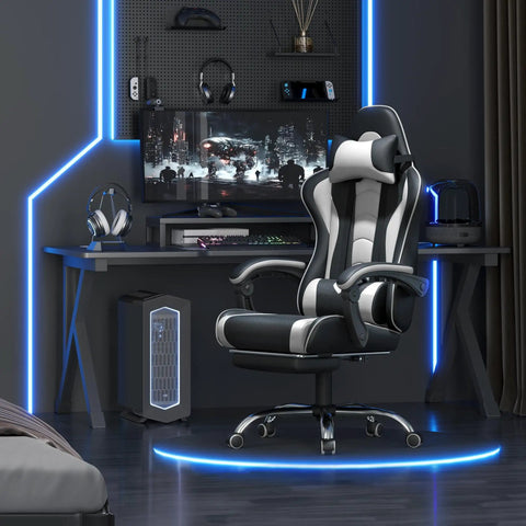 Ergonomic Gaming Chair With Massage Lumbar Support and Footrest in black and white positioned in a modern gaming setup.