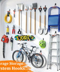 Heavy Duty Steel Garage Hooks 30 Pack With Anti Slip Coating organizing tools, bike, and ladder on a garage wall.