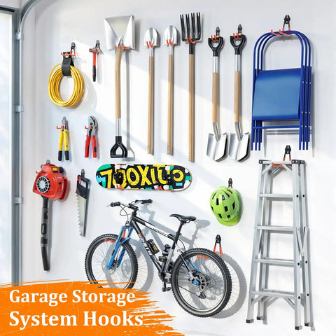 Heavy Duty Steel Garage Hooks 30 Pack With Anti Slip Coating organizing tools, bike, and ladder on a garage wall.