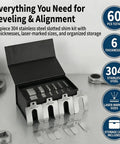 Stainless Steel Shim Kit Set for DIY Pros, 60 Slotted 2x2 Shims, 6 Thicknesses For Machine Leveling, shown in storage case