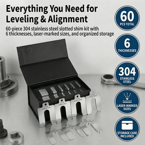 Stainless Steel Shim Kit Set for DIY Pros, 60 Slotted 2x2 Shims, 6 Thicknesses For Machine Leveling, shown in storage case