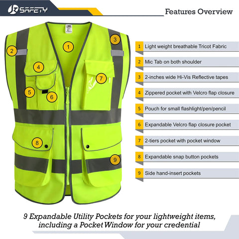 Nine Pocket Hi Vis Class 2 Safety Vest With Zipper Front Pack Of Six Vests Reflective Strips Meets ANSI ISEA Standards Breathable 120gsm Polyester Tricot Lightweight Durable And Washable For Everyday Work