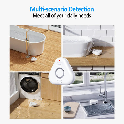 5 Pack Water Leak Detectors for Home With 4 Levels Audible Alarm near bathtub, washing machine, and kitchen sink, IP66 rated
