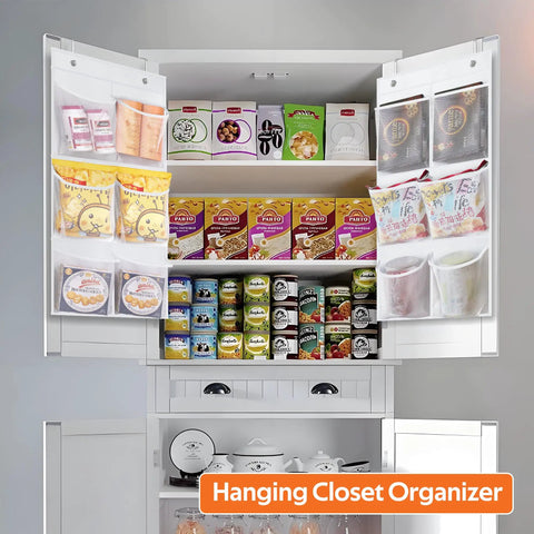 Two Pack Narrow Over The Door Shoe Organizer with clear mesh pockets holding pantry items on a white cabinet door.