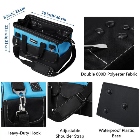 8-In-1 Concrete Finishing Tools Kit storage bag with waterproof base and heavy-duty hook, adjustable strap, and 600D polyester
