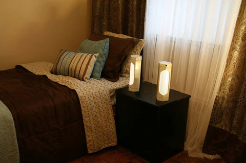 Steel Reading Lamp With No Fuss Twist On Off, 12 Inch Tall, 4 Inch Base, Includes One 15 Watt CFL Bulb, Shabbos Checklist Magnet on bedside table
