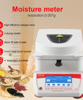 Top Shelf Halogen Moisture Analyzer Featuring Dead Accurate 0.001g Readability And Killer Rs232 Connection For Quick Lab Work Or On Site Checks Anytime showing a 5-inch touch screen with various grains.