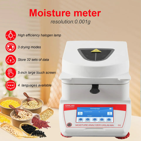 Top Shelf Halogen Moisture Analyzer Featuring Dead Accurate 0.001g Readability And Killer Rs232 Connection For Quick Lab Work Or On Site Checks Anytime showing a 5-inch touch screen with various grains.