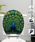 Round Majestic Peacock Chinoiserie Gold Feather Display Ornate Toilet Seat on a white toilet with lush greenery background.