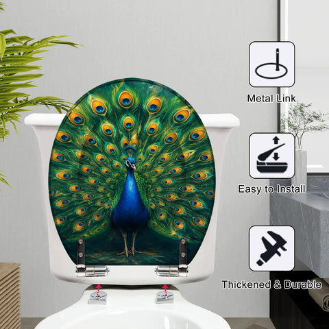 Round Majestic Peacock Chinoiserie Gold Feather Display Ornate Toilet Seat on a white toilet with lush greenery background.