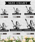 Personalized Guitar Key Holder For Wall With Custom Name, Metal Key Mount Featuring Guitar Silhouette And Bass Hooks Size Chart