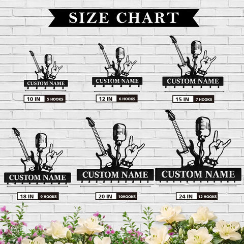 Personalized Guitar Key Holder For Wall With Custom Name, Metal Key Mount Featuring Guitar Silhouette And Bass Hooks Size Chart