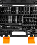 Beefy Quarter Inch Drive Impact Socket Set With Sixty Pieces For SAE And Metric Deep And Shallow Sockets, E Torx, Case Open View