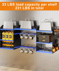 40 Inch Wall Mounted Power Tool Organizer With Charging Station For Cordless Tools, blue garage shelf loaded with tools and weights.