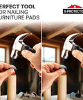 Person using Nail-On Furniture Pads Hammer For Installing Floor Protectors, Compact 8oz Claw Hammer With Magnetic Tip on chair leg.
