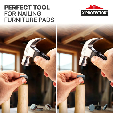 Person using Nail-On Furniture Pads Hammer For Installing Floor Protectors, Compact 8oz Claw Hammer With Magnetic Tip on chair leg.
