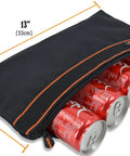4 Pack Small Tool Pouches Set With Clips Heavy Duty Electrician Tool Bags showing 13-inch size holding soda cans for scale