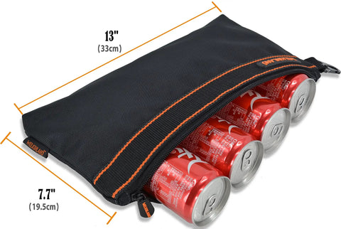 4 Pack Small Tool Pouches Set With Clips Heavy Duty Electrician Tool Bags showing 13-inch size holding soda cans for scale