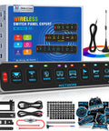 Eight Gang Slim Wireless Switch Panel For Cars RVs And UTvs With 208 Feet Range Drill Free Install No Wiring RGB Backlit Dimmable Switches Momentary Strobe Pulsed Flash Circuit Relay Box display and accessories