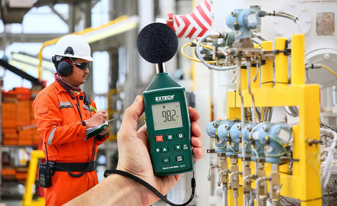 Compact Digital Sound Level Meter With Plus Minus 1dB Accuracy, Class 2, Backlit LCD in industrial job site setting