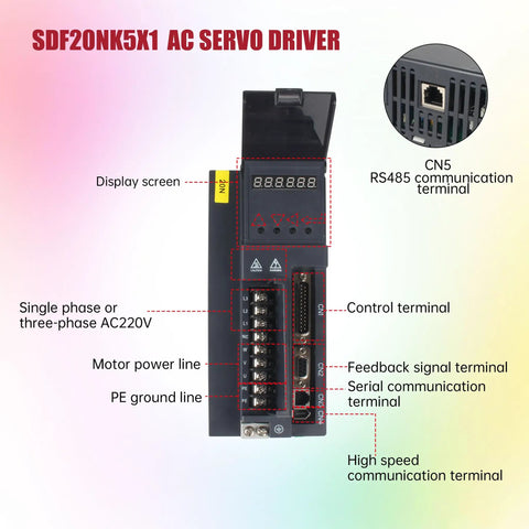 SDF20NK5X1 AC Servo Driver with display, terminals, and 1.8kW AC Servo Motor Driver Kit For CNC Systems 220V With 17 Bit Encoder