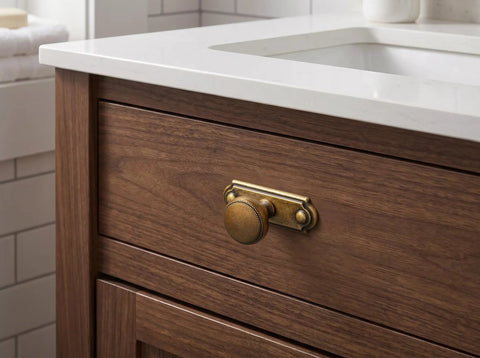 Killer Style Beaded Zinc Alloy Cabinet Knobs With Backplate Antique Brass 6 Pack For Kitchen Cabinets And Drawer Upgrades close up on bathroom drawer.
