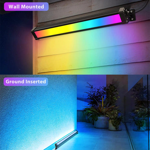 RGB Wall Washer Lights 42W RGBCW Smart App Controlled Waterproof LED Light Bar wall mounted and ground inserted view