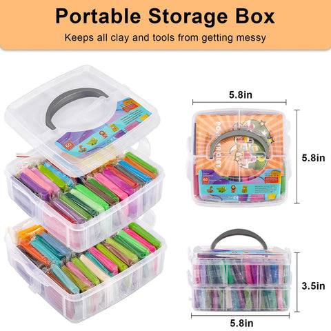 Polymer Clay Starter Kit With 60 Colors For Kids And Artists, showcasing stackable storage boxes measuring 5.8x5.8x3.5 inches.