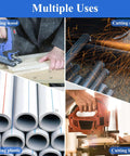 Jigsaw blades set, 10-piece T-shank blades for wood, metal and plastic cutting; collage shows wood cutting, metal sparks, plastic pipes, and cutting board.