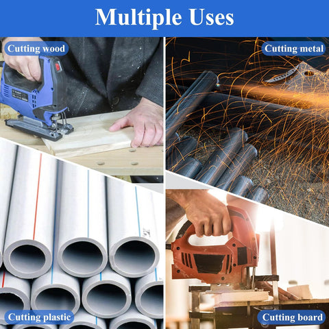 Jigsaw blades set, 10-piece T-shank blades for wood, metal and plastic cutting; collage shows wood cutting, metal sparks, plastic pipes, and cutting board.