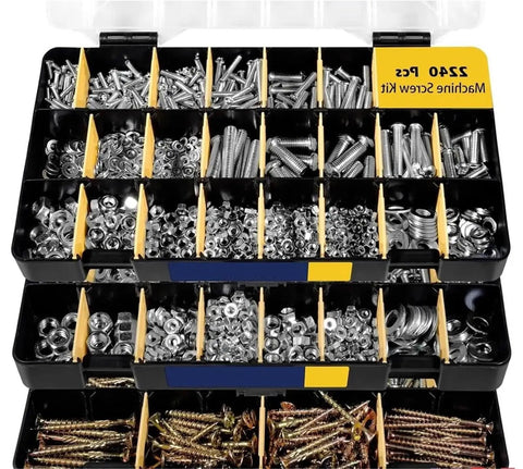 2240 Piece Metric Screw Nut Bolt Washer Fastener Kit Carbon Steel With Assorted Sizes For Home DIY Garage And Workshop Use Durable Premium Hardware For Quick Repairs And Projects., open organizer tray with assorted metric screws nuts bolts and washers