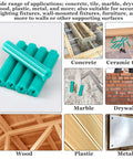 Collage showing Expanding Plastic Screw Anchors 200-Piece Green Anchor Set with 1/4 Inch Hole, and applications on various surfaces.
