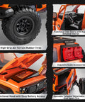 1/12 Scale RC Crawler Ready for Off Road Action, showing details like high-grip tires, functional doors, hood, tailgate, and accessories.