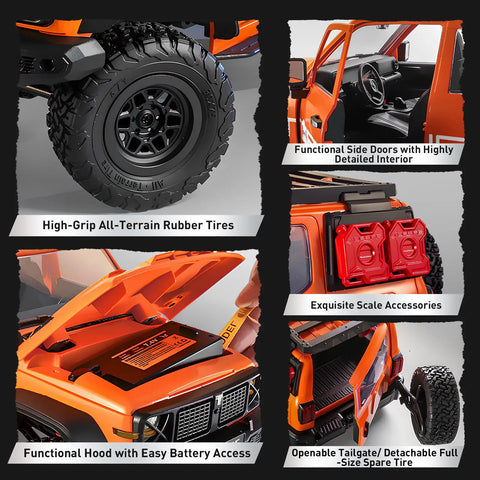 1/12 Scale RC Crawler Ready for Off Road Action, showing details like high-grip tires, functional doors, hood, tailgate, and accessories.
